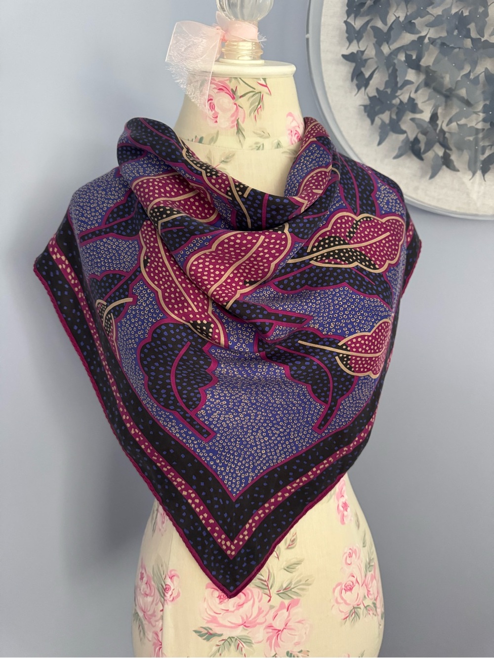 Vintage Purple and Magenta Patterned Silk Scarf - Picture 2 of 5